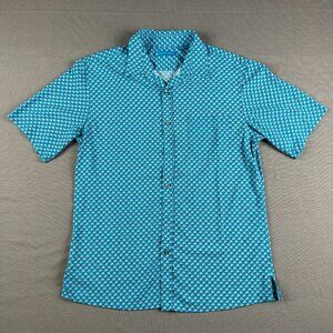 Tori Richard Mens Repeating Blue Wave Print Hawaiian Button Shirt Nylon Small S